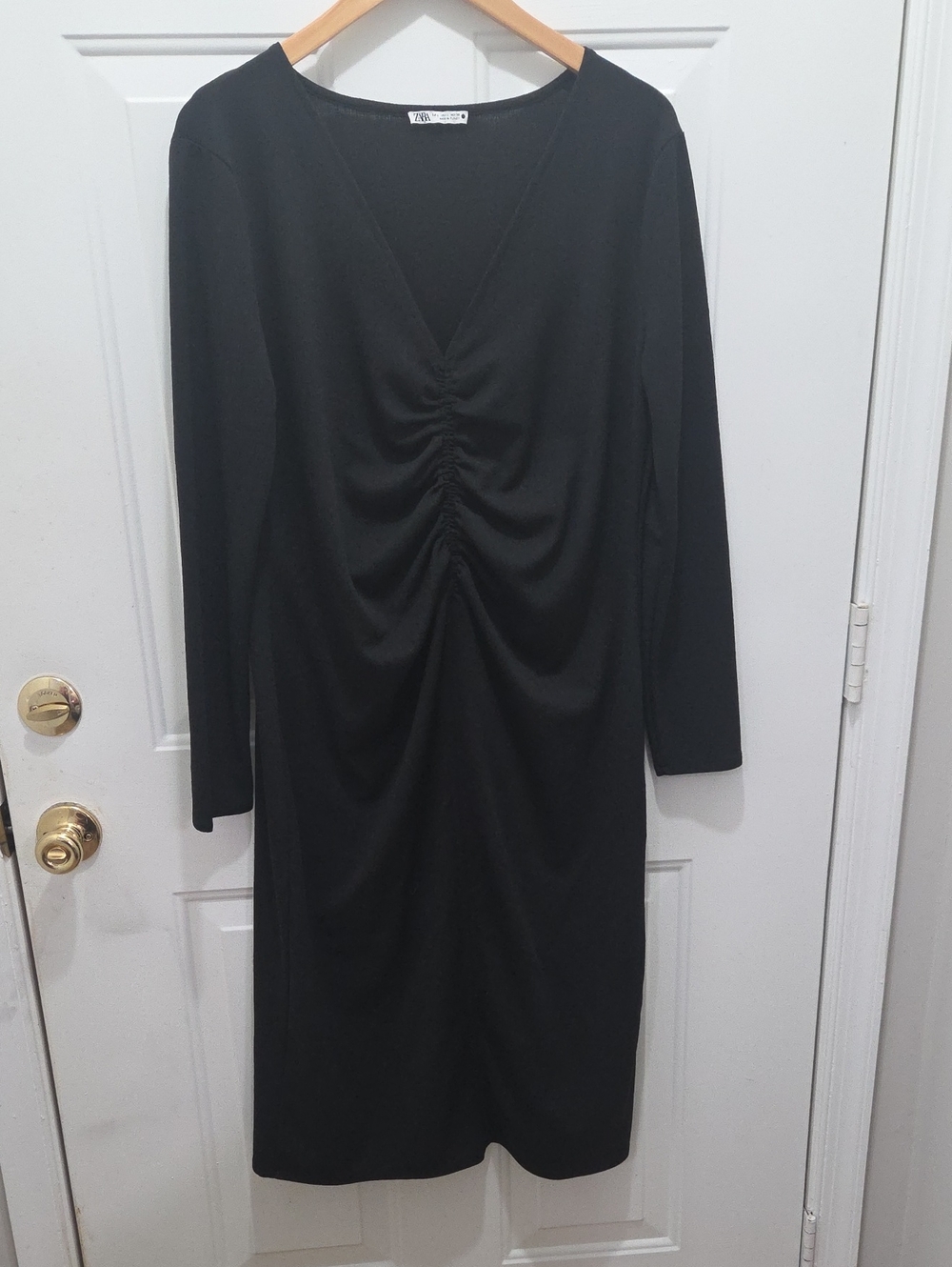 Zara Black Ruched V-Neck Long Sleeve Dress L